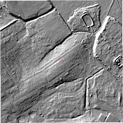 Shaded relief map of the ground around DT35AA, computed from Environment Agency LiDAR. The ground here sits at about 6 m above sea level and falls 10 m across the surrounding 800 m. Surface water reaching this point runs off ground lying to the south, 1.4 m higher.
