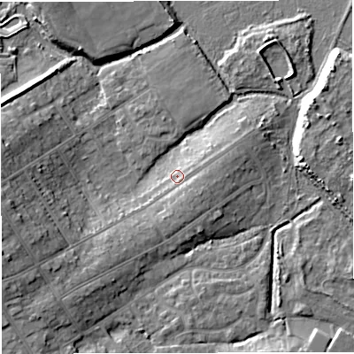 Shaded relief map of the ground around DT35AD, computed from Environment Agency LiDAR. The ground here sits at about 4 m above sea level and falls 13 m across the surrounding 800 m. Surface water reaching this point runs off ground lying to the south-east, 2.1 m higher.