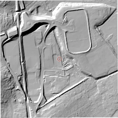 Shaded relief map of the ground around DT35BJ, computed from Environment Agency LiDAR. The ground here sits at about 3 m above sea level and falls 25 m across the surrounding 800 m. Surface water reaching this point runs off ground lying to the west-north-west, 24.4 m higher.