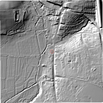 Shaded relief map of the ground around DT35BT, computed from Environment Agency LiDAR. The ground here sits at about 15 m above sea level and falls 32 m across the surrounding 800 m. Surface water reaching this point runs off ground lying to the north-east, 27.2 m higher.