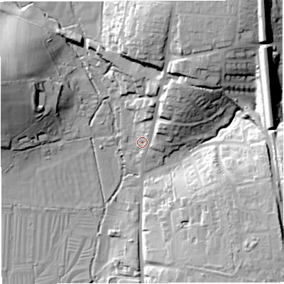 Shaded relief map of the ground around DT35BX, computed from Environment Agency LiDAR. The ground here sits at about 16 m above sea level and falls 34 m across the surrounding 800 m. Surface water reaching this point runs off ground lying to the north-east, 16.9 m higher.