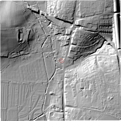 Shaded relief map of the ground around DT35DE, computed from Environment Agency LiDAR. The ground here sits at about 14 m above sea level and falls 33 m across the surrounding 800 m. Surface water reaching this point runs off ground lying to the north-east, 3.6 m higher.