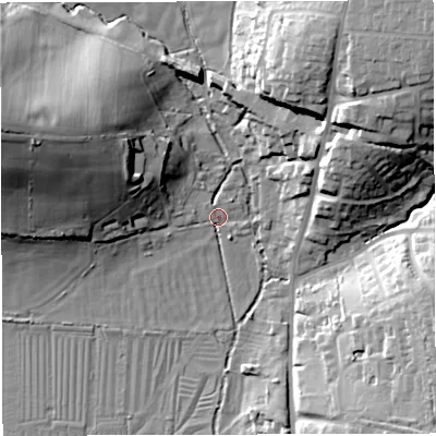 Shaded relief map of the ground around DT35DL, computed from Environment Agency LiDAR. The ground here sits at about 15 m above sea level and falls 35 m across the surrounding 800 m. Surface water reaching this point runs off ground lying to the north-west, 1.9 m higher.