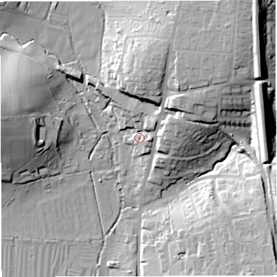 Shaded relief map of the ground around DT35DN, computed from Environment Agency LiDAR. The ground here sits at about 21 m above sea level and falls 35 m across the surrounding 800 m. Surface water reaching this point runs off ground lying to the east-north-east, 19.3 m higher.