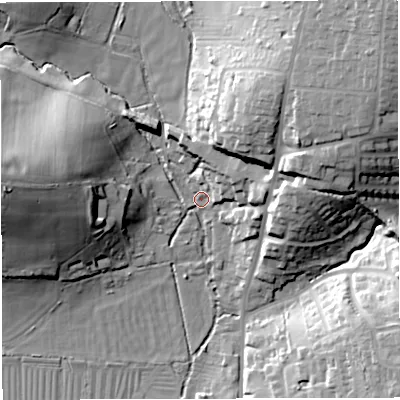 Shaded relief map of the ground around DT35DP, computed from Environment Agency LiDAR. The ground here sits at about 15 m above sea level and falls 33 m across the surrounding 800 m. Surface water reaching this point runs off ground lying to the north-east, 31.2 m higher.