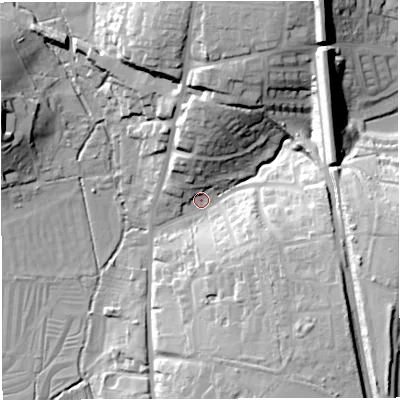 Shaded relief map of the ground around DT35DX, computed from Environment Agency LiDAR. The ground here sits at about 15 m above sea level and falls 36 m across the surrounding 800 m. Surface water reaching this point runs off ground lying to the north-east, 27.5 m higher.