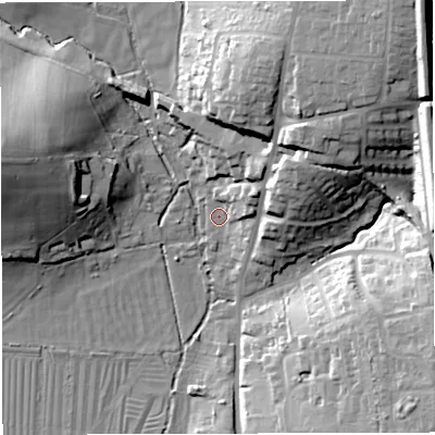 Shaded relief map of the ground around DT35EA, computed from Environment Agency LiDAR. The ground here sits at about 15 m above sea level and falls 35 m across the surrounding 800 m. Surface water reaching this point runs off ground lying to the north-east, 28.6 m higher.