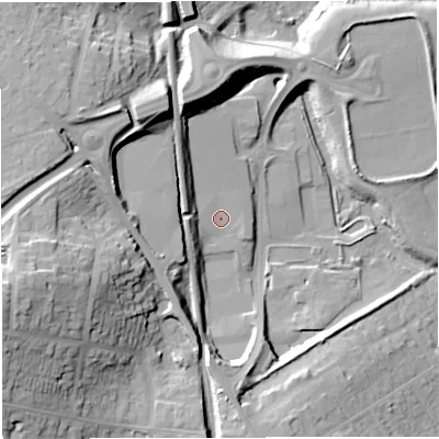 Shaded relief map of the ground around DT35FA, computed from Environment Agency LiDAR. The ground here sits at about 7 m above sea level and falls 32 m across the surrounding 800 m. Surface water reaching this point runs off ground lying to the north-west, 19.7 m higher.