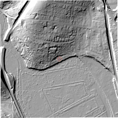 Shaded relief map of the ground around DT35HB, computed from Environment Agency LiDAR. The ground here sits at about 4 m above sea level and falls 33 m across the surrounding 800 m. Surface water reaching this point runs off ground lying to the north-west, 17.0 m higher.