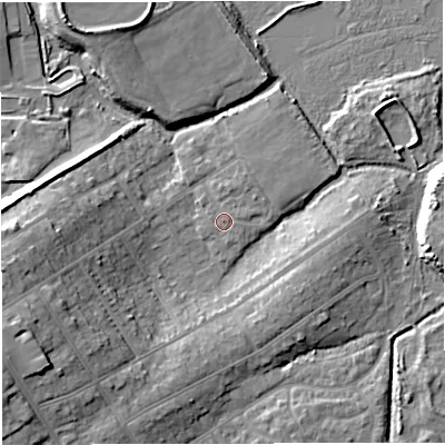 Shaded relief map of the ground around DT35HY, computed from Environment Agency LiDAR. The ground here sits at about 3 m above sea level and falls 14 m across the surrounding 800 m. Surface water reaching this point runs off ground lying to the east-north-east, 0.7 m higher.
