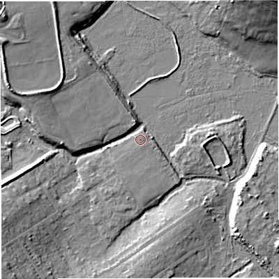 Shaded relief map of the ground around DT35HZ, computed from Environment Agency LiDAR. The ground here sits at about 3 m above sea level and falls 23 m across the surrounding 800 m. Surface water reaching this point runs off ground lying to the south, 2.1 m higher.
