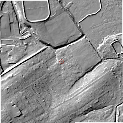 Shaded relief map of the ground around DT35JR, computed from Environment Agency LiDAR. The ground here sits at about 3 m above sea level and falls 14 m across the surrounding 800 m. Surface water reaching this point runs off ground lying to the east, 1.4 m higher.