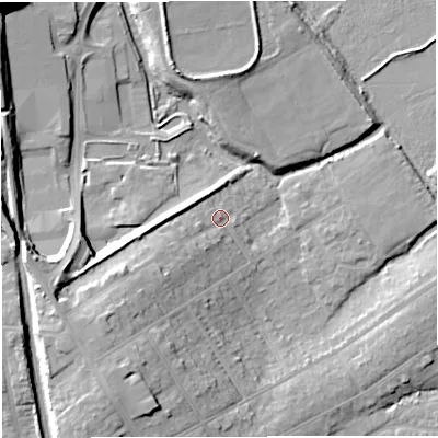 Shaded relief map of the ground around DT35JS, computed from Environment Agency LiDAR. The ground here sits at about 5 m above sea level and falls 19 m across the surrounding 800 m. Surface water reaching this point runs off ground lying to the south-west, 9.4 m higher.