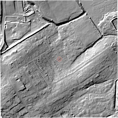 Shaded relief map of the ground around DT35JT, computed from Environment Agency LiDAR. The ground here sits at about 2 m above sea level and falls 14 m across the surrounding 800 m. Surface water reaching this point runs off ground lying to the west-south-west, 13.6 m higher.