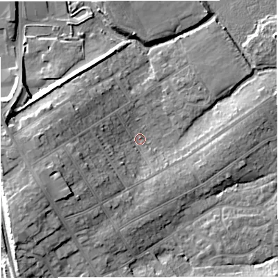 Shaded relief map of the ground around DT35JU, computed from Environment Agency LiDAR. The ground here sits at about 2 m above sea level and falls 14 m across the surrounding 800 m. Surface water reaching this point runs off ground lying to the west-south-west, 13.6 m higher.