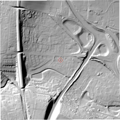 Shaded relief map of the ground around DT35NX, computed from Environment Agency LiDAR. The ground here sits at about 21 m above sea level and falls 37 m across the surrounding 800 m. Surface water reaching this point runs off ground lying to the south-south-west, 30.1 m higher.