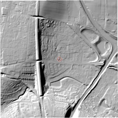 Shaded relief map of the ground around DT35NY, computed from Environment Agency LiDAR. The ground here sits at about 23 m above sea level and falls 36 m across the surrounding 800 m. Surface water reaching this point runs off ground lying to the south, 30.4 m higher.