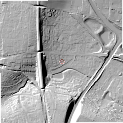 Shaded relief map of the ground around DT35PH, computed from Environment Agency LiDAR. The ground here sits at about 22 m above sea level and falls 38 m across the surrounding 800 m. Surface water reaching this point runs off ground lying to the south-south-east, 34.3 m higher.