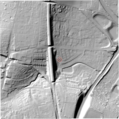 Shaded relief map of the ground around DT35PJ, computed from Environment Agency LiDAR. The ground here sits at about 24 m above sea level and falls 39 m across the surrounding 800 m. Surface water reaching this point runs off ground lying to the north-west, 22.3 m higher.