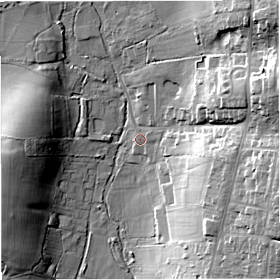 Shaded relief map of the ground around DT35PW, computed from Environment Agency LiDAR. The ground here sits at about 23 m above sea level and falls 32 m across the surrounding 800 m. Surface water reaching this point runs off ground lying to the east-north-east, 1.9 m higher.