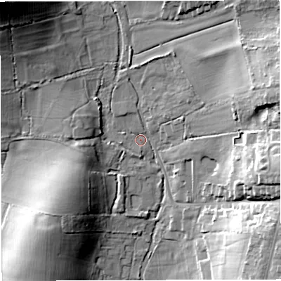 Shaded relief map of the ground around DT35QB, computed from Environment Agency LiDAR. The ground here sits at about 24 m above sea level and falls 35 m across the surrounding 800 m. Surface water reaching this point runs off ground lying to the east-north-east, 19.8 m higher.