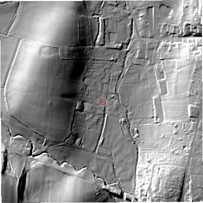 Shaded relief map of the ground around DT35QD, computed from Environment Agency LiDAR. The ground here sits at about 20 m above sea level and falls 38 m across the surrounding 800 m. Surface water reaching this point runs off ground lying to the north-west, 18.7 m higher.