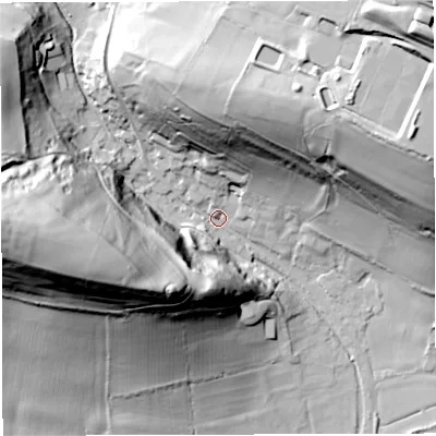 Shaded relief map of the ground around DT35QE, computed from Environment Agency LiDAR. The ground here sits at about 35 m above sea level and falls 87 m across the surrounding 800 m. Surface water reaching this point runs off ground lying to the north-east, 79.4 m higher.
