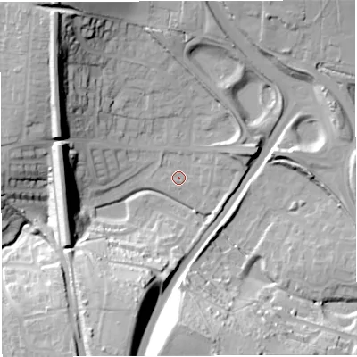 Shaded relief map of the ground around DT35QR, computed from Environment Agency LiDAR. The ground here sits at about 21 m above sea level and falls 38 m across the surrounding 800 m. Surface water reaching this point runs off ground lying to the south-south-west, 29.8 m higher.