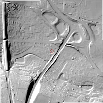 Shaded relief map of the ground around DT35QS, computed from Environment Agency LiDAR. The ground here sits at about 22 m above sea level and falls 35 m across the surrounding 800 m. Surface water reaching this point runs off ground lying to the south, 33.8 m higher.