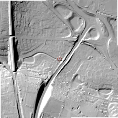 Shaded relief map of the ground around DT35QW, computed from Environment Agency LiDAR. The ground here sits at about 21 m above sea level and falls 40 m across the surrounding 800 m. Surface water reaching this point runs off ground lying to the south-south-east, 37.2 m higher.