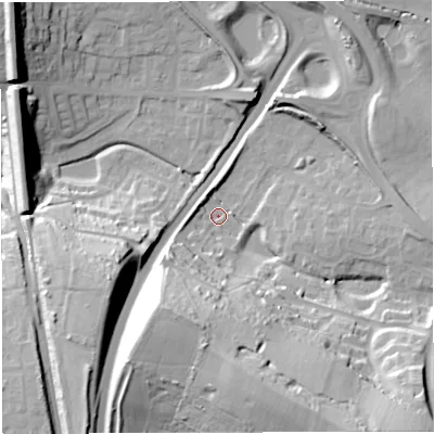 Shaded relief map of the ground around DT35QZ, computed from Environment Agency LiDAR. The ground here sits at about 21 m above sea level and falls 41 m across the surrounding 800 m. Surface water reaching this point runs off ground lying to the south-south-east, 39.3 m higher.