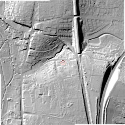 Shaded relief map of the ground around DT35RN, computed from Environment Agency LiDAR. The ground here sits at about 23 m above sea level and falls 41 m across the surrounding 800 m. Surface water reaching this point runs off ground lying to the south-east, 15.7 m higher.