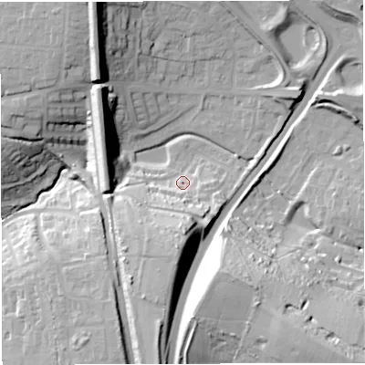 Shaded relief map of the ground around DT35RU, computed from Environment Agency LiDAR. The ground here sits at about 24 m above sea level and falls 44 m across the surrounding 800 m. Surface water reaching this point runs off ground lying to the south, 26.3 m higher.