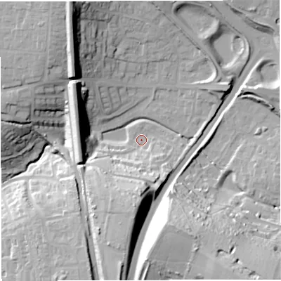 Shaded relief map of the ground around DT35RX, computed from Environment Agency LiDAR. The ground here sits at about 21 m above sea level and falls 42 m across the surrounding 800 m. Surface water reaching this point runs off ground lying to the south-east, 38.2 m higher.