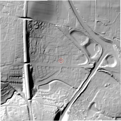 Shaded relief map of the ground around DT35SZ, computed from Environment Agency LiDAR. The ground here sits at about 22 m above sea level and falls 35 m across the surrounding 800 m. Surface water reaching this point runs off ground lying to the south, 30.4 m higher.