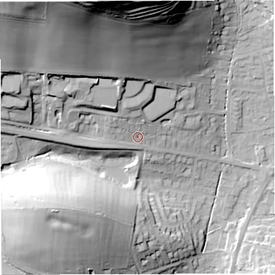Shaded relief map of the ground around DT36AA, computed from Environment Agency LiDAR. The ground here sits at about 24 m above sea level and falls 72 m across the surrounding 800 m. Surface water reaching this point runs off ground lying to the north, 59.5 m higher.