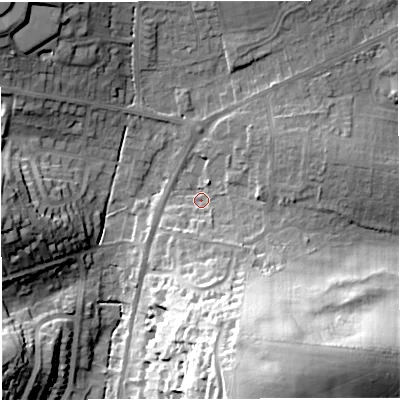 Shaded relief map of the ground around DT36AZ, computed from Environment Agency LiDAR. The ground here sits at about 14 m above sea level and falls 42 m across the surrounding 800 m. Surface water reaching this point runs off ground lying to the south-south-east, 35.4 m higher.