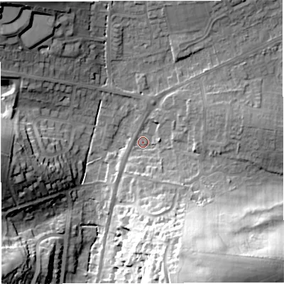 Shaded relief map of the ground around DT36BB, computed from Environment Agency LiDAR. The ground here sits at about 14 m above sea level and falls 42 m across the surrounding 800 m. Surface water reaching this point runs off ground lying to the south-south-east, 36.0 m higher.