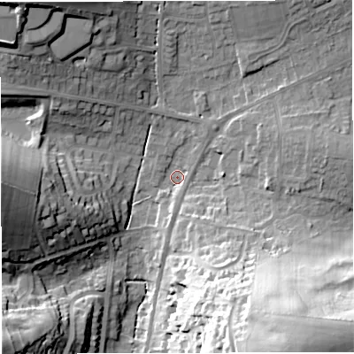 Shaded relief map of the ground around DT36BD, computed from Environment Agency LiDAR. The ground here sits at about 13 m above sea level and falls 42 m across the surrounding 800 m. Surface water reaching this point runs off ground lying to the south-south-east, 37.5 m higher.