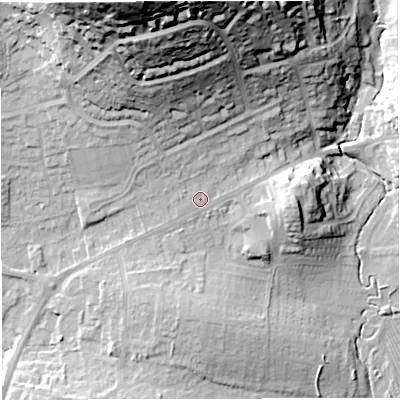Shaded relief map of the ground around DT36BG, computed from Environment Agency LiDAR. The ground here sits at about 20 m above sea level and falls 58 m across the surrounding 800 m. Surface water reaching this point runs off ground lying to the north, 30.2 m higher.
