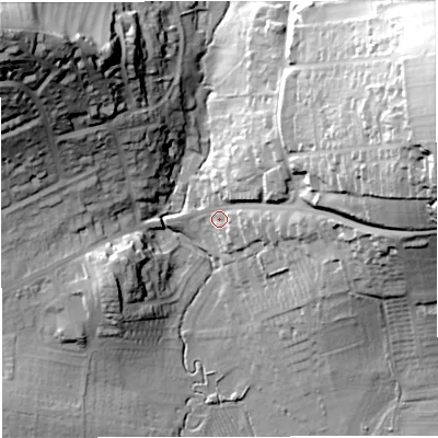 Shaded relief map of the ground around DT36BJ, computed from Environment Agency LiDAR. The ground here sits at about 15 m above sea level and falls 53 m across the surrounding 800 m. Surface water reaching this point runs off ground lying to the east-north-east, 46.2 m higher.