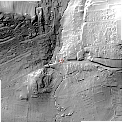 Shaded relief map of the ground around DT36BN, computed from Environment Agency LiDAR. The ground here sits at about 13 m above sea level and falls 56 m across the surrounding 800 m. Surface water reaching this point runs off ground lying to the east-north-east, 43.4 m higher.
