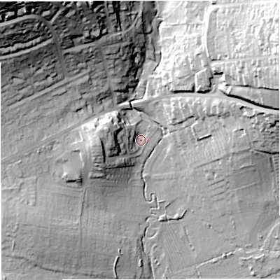 Shaded relief map of the ground around DT36BT, computed from Environment Agency LiDAR. The ground here sits at about 11 m above sea level and falls 56 m across the surrounding 800 m. Surface water reaching this point runs off ground lying to the west, 14.2 m higher.