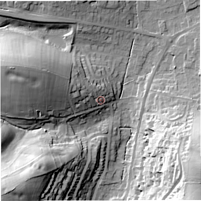 Shaded relief map of the ground around DT36BW, computed from Environment Agency LiDAR. The ground here sits at about 20 m above sea level and falls 42 m across the surrounding 800 m. Surface water reaching this point runs off ground lying to the west-north-west, 18.9 m higher.