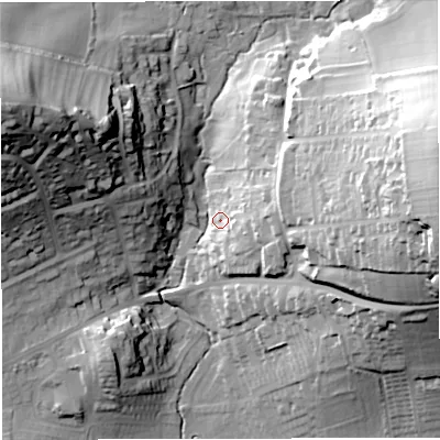 Shaded relief map of the ground around DT36DD, computed from Environment Agency LiDAR. The ground here sits at about 16 m above sea level and falls 53 m across the surrounding 800 m. Surface water reaching this point runs off ground lying to the east, 50.7 m higher.
