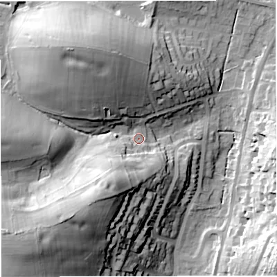 Shaded relief map of the ground around DT36DR, computed from Environment Agency LiDAR. The ground here sits at about 18 m above sea level and falls 40 m across the surrounding 800 m. Surface water reaching this point runs off ground lying to the south-west, 28.8 m higher.