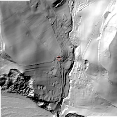 Shaded relief map of the ground around DT36HA, computed from Environment Agency LiDAR. The ground here sits at about 39 m above sea level and falls 116 m across the surrounding 800 m. Surface water reaching this point runs off ground lying to the north-west, 54.7 m higher.