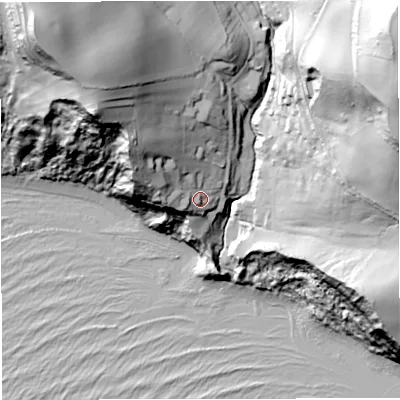 Shaded relief map of the ground around DT36HE, computed from Environment Agency LiDAR. The ground here sits at about 27 m above sea level and falls 110 m across the surrounding 800 m. Surface water reaching this point runs off ground lying to the north-west, 29.8 m higher.
