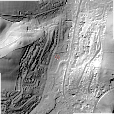 Shaded relief map of the ground around DT36JE, computed from Environment Agency LiDAR. The ground here sits at about 8 m above sea level and falls 48 m across the surrounding 800 m. Surface water reaching this point runs off ground lying to the east-south-east, 43.0 m higher.