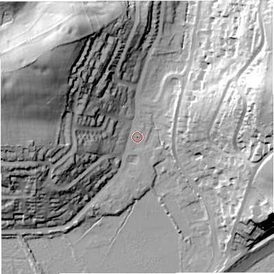 Shaded relief map of the ground around DT36JG, computed from Environment Agency LiDAR. The ground here sits at about 6 m above sea level and falls 49 m across the surrounding 800 m. Surface water reaching this point runs off ground lying to the north-west, 39.3 m higher.